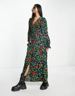 Monki Button Down V Neck Long Sleeve Dress In Multi