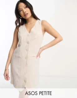 ASOS DESIGN Petite Sleeveless Button Through Waistcoat Dress In Natural