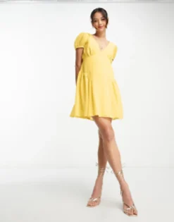 ASOS DESIGN Short Sleeve V-neck Chiffon Mini Dress In Yellow -RIVER ISLAND || PULL & BEAR || ONLY Sales Store 204275605 3