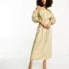 ASOS DESIGN Clean Cotton Corset Waist Off Shoulder Maxi Dress In Neutral
