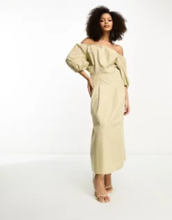 ASOS DESIGN Clean Cotton Corset Waist Off Shoulder Maxi Dress In Neutral -RIVER ISLAND || PULL & BEAR || ONLY Sales Store 204286352 4