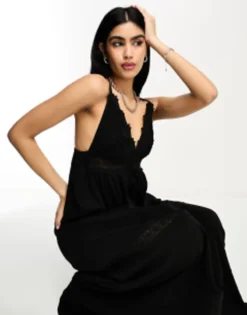 ASOS DESIGN Crochet Detail Strappy Tiered Maxi Dress In Black -RIVER ISLAND || PULL & BEAR || ONLY Sales Store 204290241 4