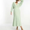 ASOS DESIGN Seersucker Wrap Front Batwing Midaxi Dress In Sage Green
