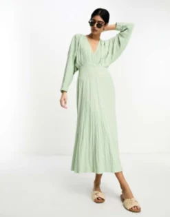 ASOS DESIGN Seersucker Wrap Front Batwing Midaxi Dress In Sage Green