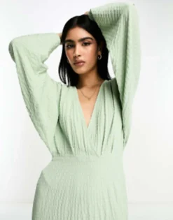 ASOS DESIGN Seersucker Wrap Front Batwing Midaxi Dress In Sage Green -RIVER ISLAND || PULL & BEAR || ONLY Sales Store 204300797 3