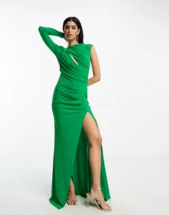 ASOS DESIGN Long Sleeve Premium Asymmetric Cut Out Maxi Dress In Green