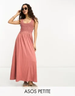 ASOS DESIGN Petite Scoop Neck Sleeveless Crinkle Shirred Maxi Dress In Dusty Rose
