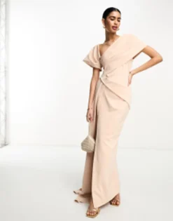 ASOS DESIGN One Shoulder Premium Draped Maxi Dress In Blush Cream