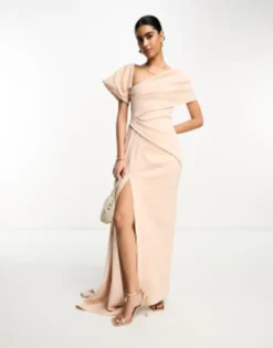 ASOS DESIGN One Shoulder Premium Draped Maxi Dress In Blush Cream -RIVER ISLAND || PULL & BEAR || ONLY Sales Store 204312950 4