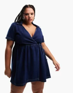 ASOS DESIGN Curve Denim Wrap Dress In Blue -RIVER ISLAND || PULL & BEAR || ONLY Sales Store 204319504 3