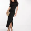 French Connection High Neck Ribbed Short Sleeve Maxi Dress In Black