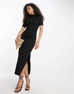 French Connection High Neck Ribbed Short Sleeve Maxi Dress In Black