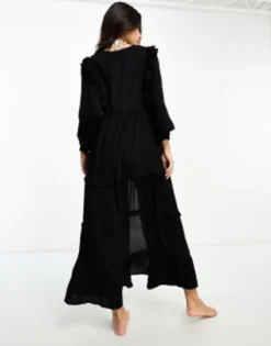 Isla & Bird Ruffle Tie Front Tiered Long Sleeve Maxi Beach Summer Dress In Black -RIVER ISLAND || PULL & BEAR || ONLY Sales Store 204325149 3