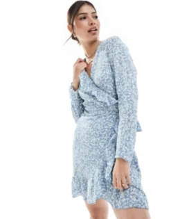 Only Wrap Mini Dress In Blue Ditsy Floral