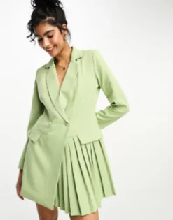 In The Style Blazer Dress With Pleat Hem Detail In Sage Green