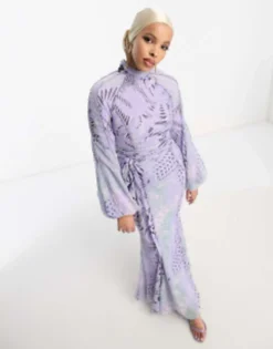 ASOS DESIGN Lace Trim Maxi Dress With Belt In Lilac And Green Animal Print -RIVER ISLAND || PULL & BEAR || ONLY Sales Store 204344340 3