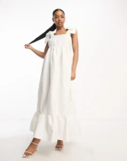 Pieces Exclusive Bride To Be Tiered Jacquard Maxi Dress With Oversized Bow Cami Sleeves In White -RIVER ISLAND || PULL & BEAR || ONLY Sales Store 204345839 4