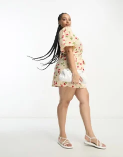 Wednesday's Girl Curve Puff Sleeve Mini Wrap Dress In Cherry Print -RIVER ISLAND || PULL & BEAR || ONLY Sales Store 204346351 3