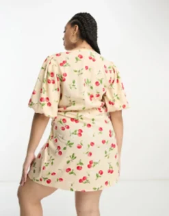 Wednesday's Girl Curve Puff Sleeve Mini Wrap Dress In Cherry Print -RIVER ISLAND || PULL & BEAR || ONLY Sales Store 204346351 4