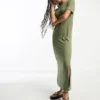 Pieces Ribbed Maxi T-shirt Dress In Khaki