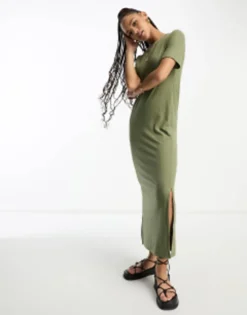 Pieces Ribbed Maxi T-shirt Dress In Khaki