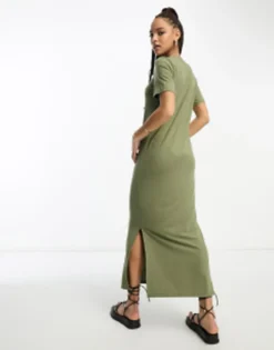 Pieces Ribbed Maxi T-shirt Dress In Khaki -RIVER ISLAND || PULL & BEAR || ONLY Sales Store 204350258 4