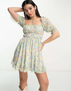 Sisters Of The Tribe Mini Milkmaid Dress With Shirred Waist And Open Waist In Blue Ditsy Floral