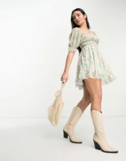 Sisters Of The Tribe Mini Milkmaid Dress With Shirred Waist And Open Waist In Blue Ditsy Floral -RIVER ISLAND || PULL & BEAR || ONLY Sales Store 204351549 3