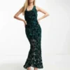 Sisters Of The Tribe Cowl Front Maxi Dress With Open Back In Green Burnout Velvet