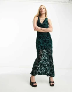 Sisters Of The Tribe Cowl Front Maxi Dress With Open Back In Green Burnout Velvet -RIVER ISLAND || PULL & BEAR || ONLY Sales Store 204351590 4