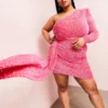 ASOS LUXE Curve One Shoulder Asymmetric Draped Mini Dress In Pink Sequin