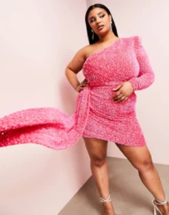 ASOS LUXE Curve One Shoulder Asymmetric Draped Mini Dress In Pink Sequin