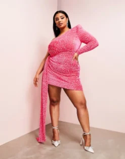 ASOS LUXE Curve One Shoulder Asymmetric Draped Mini Dress In Pink Sequin -RIVER ISLAND || PULL & BEAR || ONLY Sales Store 204354323 4