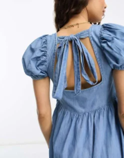 ASOS DESIGN Petite Soft Denim Midi Dress With Puff Sleeve In Lightwash Blue -RIVER ISLAND || PULL & BEAR || ONLY Sales Store 204359570 4