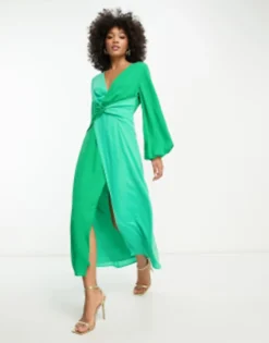 Pretty Lavish Knot Front Contrast Maxi Dress In Green -RIVER ISLAND || PULL & BEAR || ONLY Sales Store 204362490 4