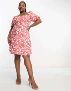 Glamorous Curve Square Neck Mini Smock Dress Tie Back In Red Floral -RIVER ISLAND || PULL & BEAR || ONLY Sales Store 204369631 3