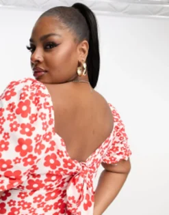 Glamorous Curve Square Neck Mini Smock Dress Tie Back In Red Floral -RIVER ISLAND || PULL & BEAR || ONLY Sales Store 204369631 4