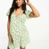 Glamorous Maternity Short Sleeve Wrap Mini Dress In Green Retro Floral