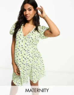 Glamorous Maternity Short Sleeve Wrap Mini Dress In Green Retro Floral
