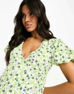 Glamorous Maternity Short Sleeve Wrap Mini Dress In Green Retro Floral -RIVER ISLAND || PULL & BEAR || ONLY Sales Store 204370032 4