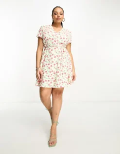 Glamorous Curve V Neck Tie Waist Dress In Rose Bud Floral