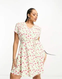 Glamorous Curve V Neck Tie Waist Dress In Rose Bud Floral -RIVER ISLAND || PULL & BEAR || ONLY Sales Store 204370261 3