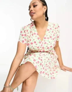 Glamorous Curve V Neck Tie Waist Dress In Rose Bud Floral -RIVER ISLAND || PULL & BEAR || ONLY Sales Store 204370261 4