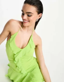 Glamorous Halter Neck Mesh Mini Dress With Asymmetric Hem Detail In Lime -RIVER ISLAND || PULL & BEAR || ONLY Sales Store 204370296 4