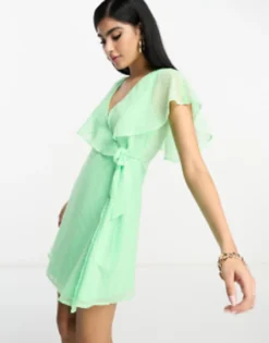 ASOS DESIGN Wrap Flutter Sleeve Mini Dobby Tea Dress In Apple Green -RIVER ISLAND || PULL & BEAR || ONLY Sales Store 204373119 3