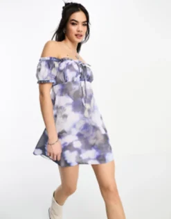 ASOS DESIGN Off Shoulder Milkmaid Style Mini Dress In Blurred Floral