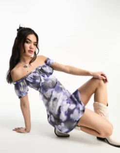 ASOS DESIGN Off Shoulder Milkmaid Style Mini Dress In Blurred Floral -RIVER ISLAND || PULL & BEAR || ONLY Sales Store 204378633 3