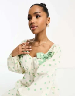 Neon Rose Polka Dot Bow Detail Mini Dress In White -RIVER ISLAND || PULL & BEAR || ONLY Sales Store 204383039 3