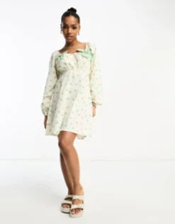 Neon Rose Polka Dot Bow Detail Mini Dress In White -RIVER ISLAND || PULL & BEAR || ONLY Sales Store 204383039 4