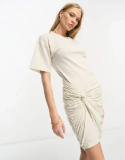 ASOS DESIGN Short Sleeve Mini Dress With Drape Side Detail In Oat